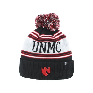 Black/White/Red Striped With Pom UNMC (Front) Shield Emblem (On Cuff) Knit Hat